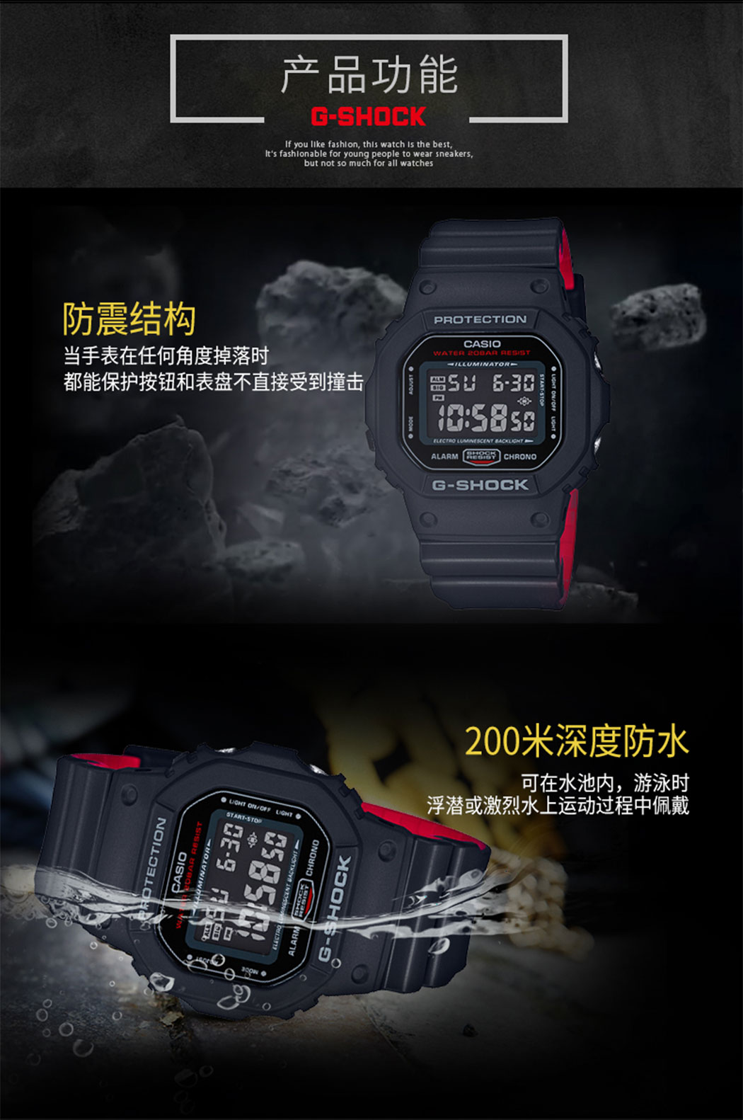 casio g-shock基础款经典防水运动手表 dw-5600hr-1pr